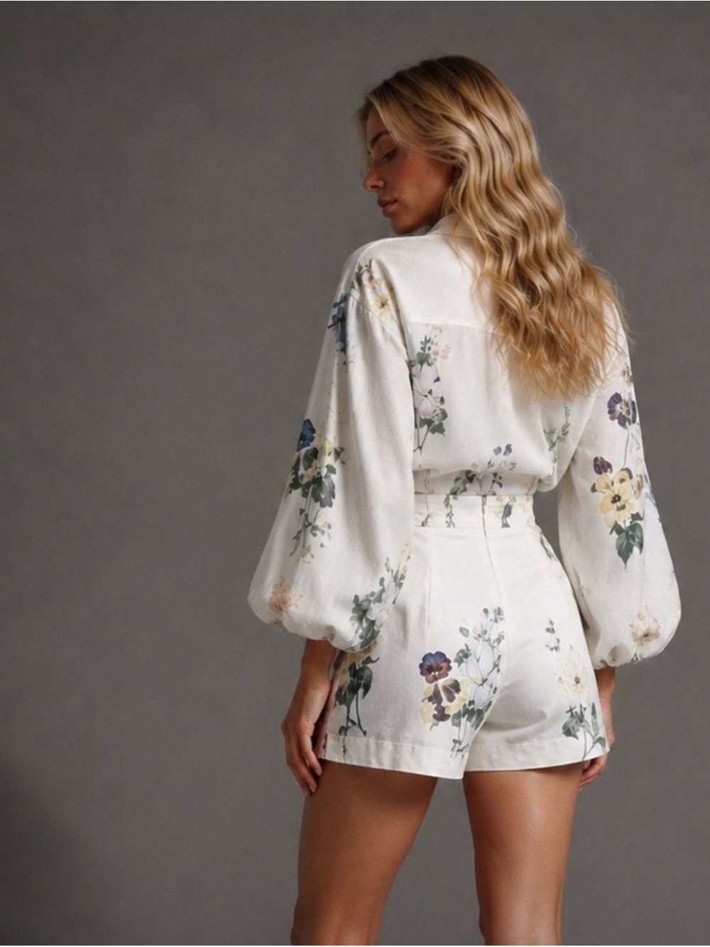 Floral Button-Up lantern sleeve Shirt & high waist Shorts Set Sz M - Picture 2 of 10